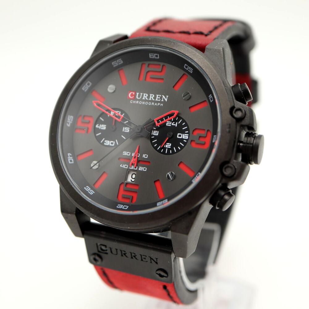 Curren Black Red Jumbo 48mm Chronograph Watch Genuine Leather w New Battery